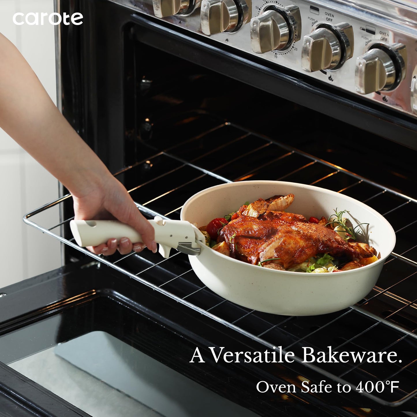 CAROTE 11pcs Pots and Pans Set, Nonstick Cookware Detachable/Removable Handle, Induction RV Kitchen Set, Oven Safe, Cream White