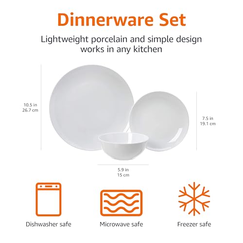 Amazon Basics 18-Piece Kitchen Dinnerware Set, Plates, Dishes, Bowls, Service for 6, White Porcelain Coupe1
