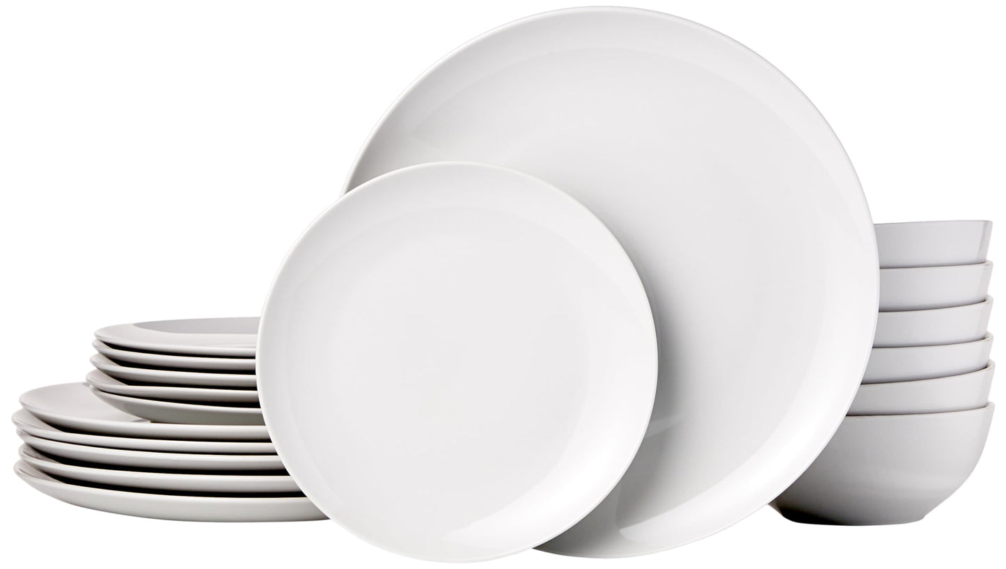 Amazon Basics 18-Piece Kitchen Dinnerware Set, Plates, Dishes, Bowls, Service for 6, White Porcelain Coupe1