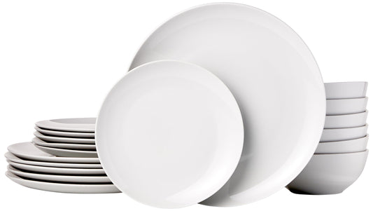 Amazon Basics 18-Piece Kitchen Dinnerware Set, Plates, Dishes, Bowls, Service for 6, White Porcelain Coupe1