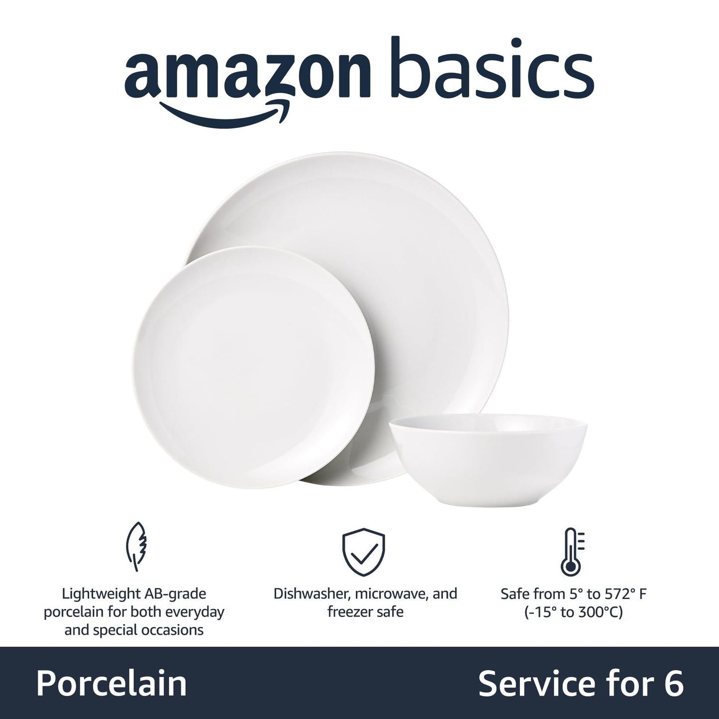 Amazon Basics 18-Piece Kitchen Dinnerware Set, Plates, Dishes, Bowls, Service for 6, White Porcelain Coupe1