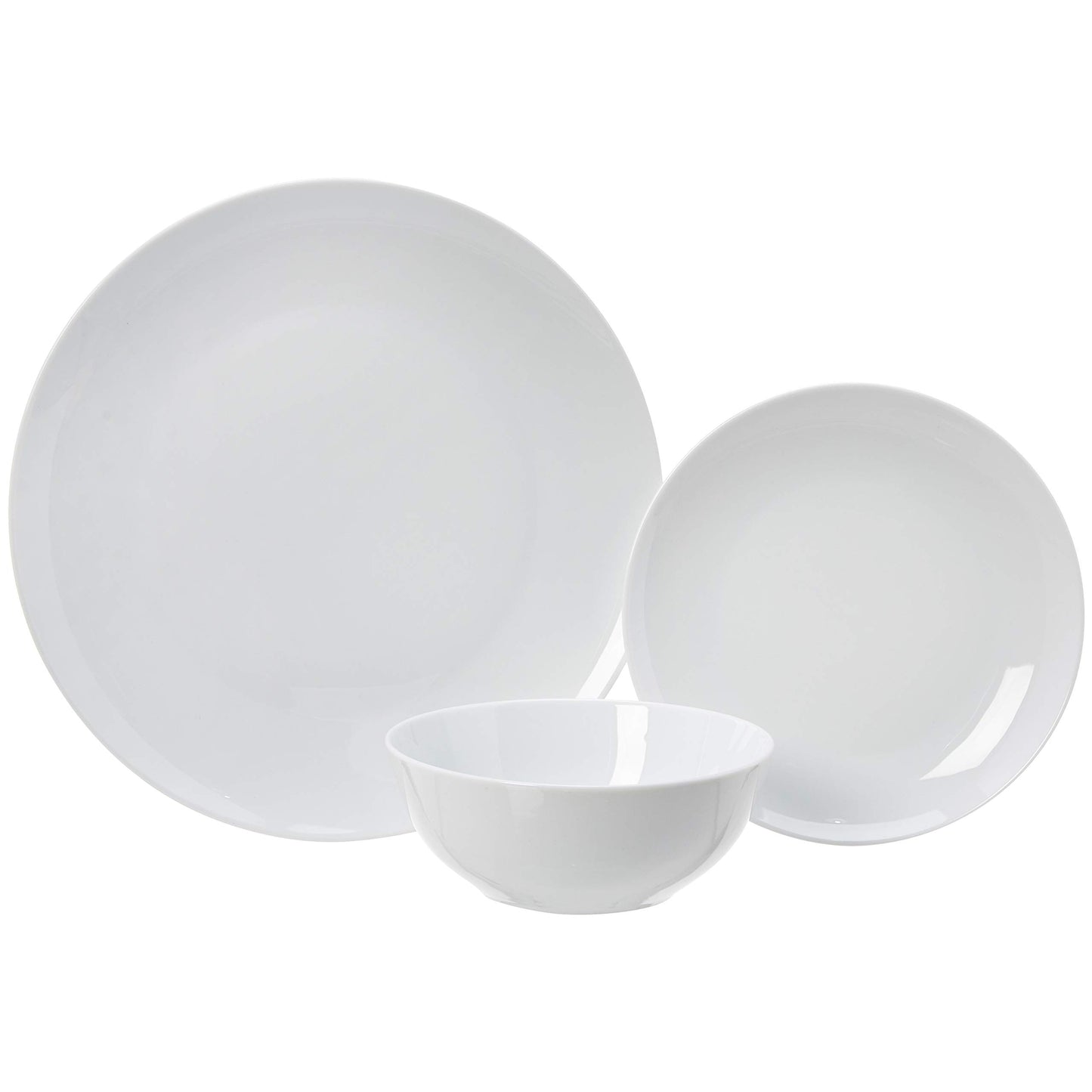 Amazon Basics 18-Piece Kitchen Dinnerware Set, Plates, Dishes, Bowls, Service for 6, White Porcelain Coupe1
