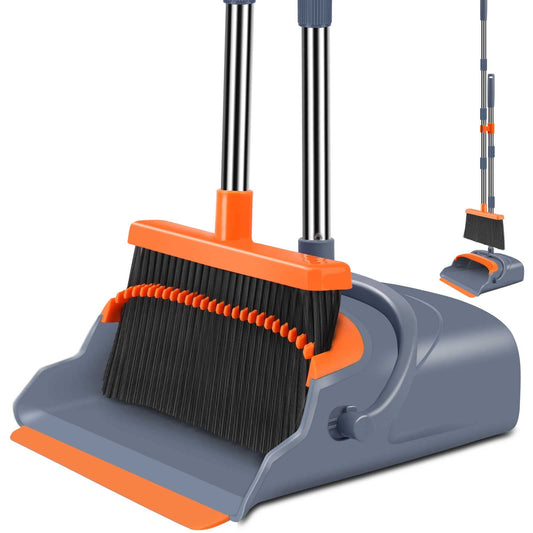 kelamayi Upgrade Broom and Dustpan Set, Self-Cleaning with Dustpan Teeth, Indoor&Outdoor Sweeping, Ideal for Dog Cat Pets Home Use, Stand Up Broom and Dustpan (Gray&Orange)1
