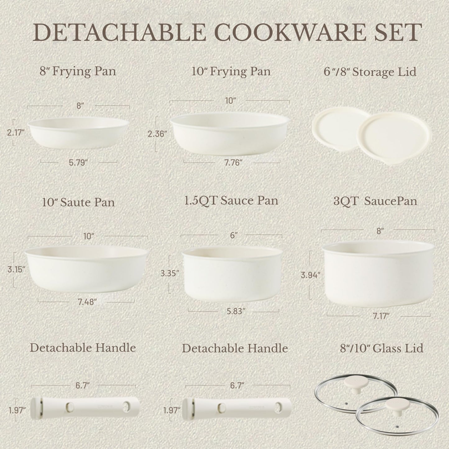 CAROTE 11pcs Pots and Pans Set, Nonstick Cookware Detachable/Removable Handle, Induction RV Kitchen Set, Oven Safe, Cream White