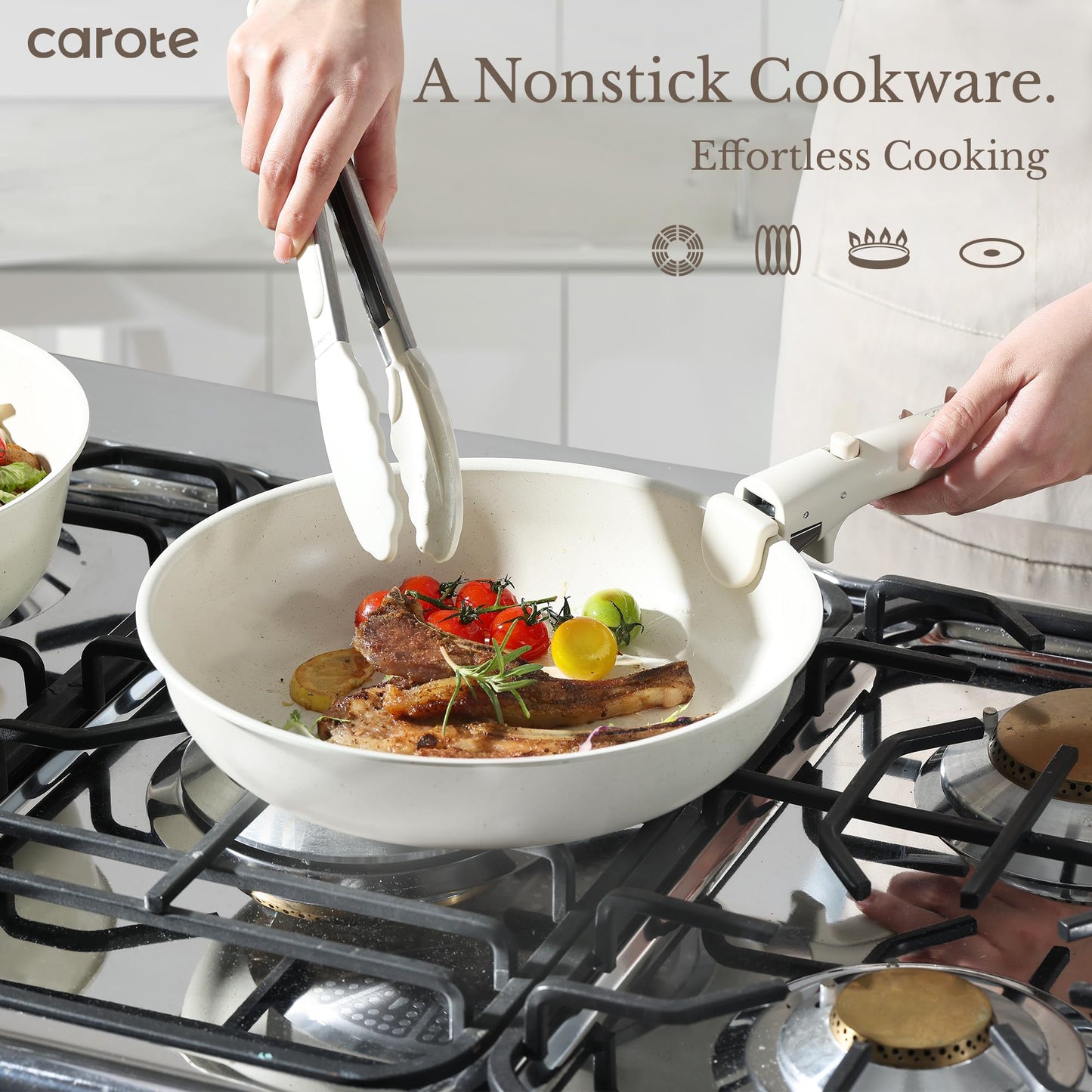 CAROTE 11pcs Pots and Pans Set, Nonstick Cookware Detachable/Removable Handle, Induction RV Kitchen Set, Oven Safe, Cream White