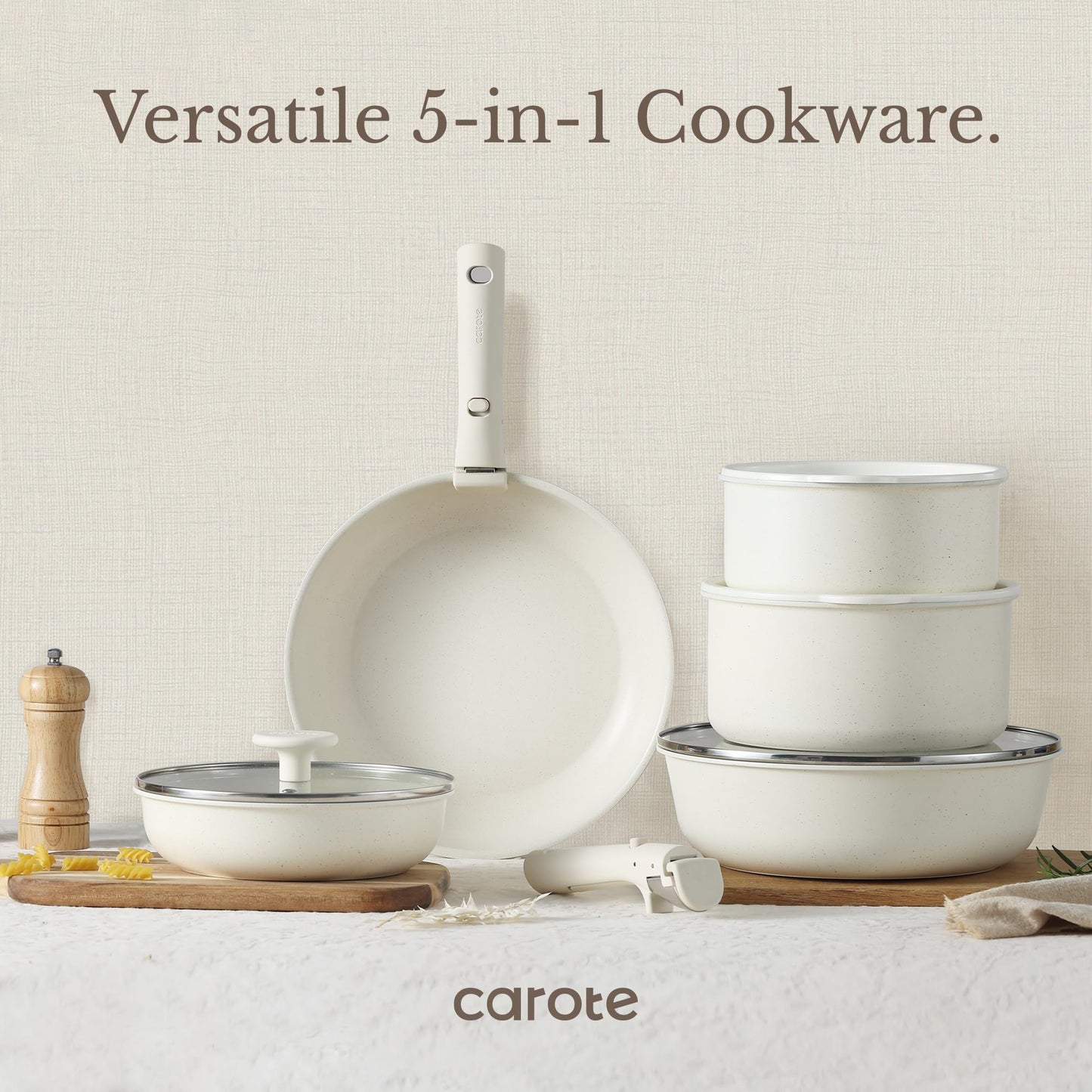 CAROTE 11pcs Pots and Pans Set, Nonstick Cookware Detachable/Removable Handle, Induction RV Kitchen Set, Oven Safe, Cream White